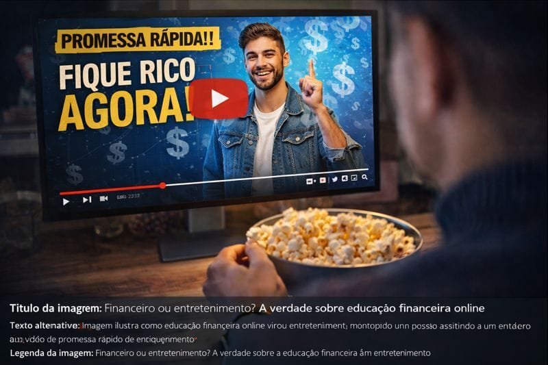 Pessoa assistindo vídeo de promessa rápida no YouTube, mostrando como educação financeira online virou entretenimento em vez de orientação real