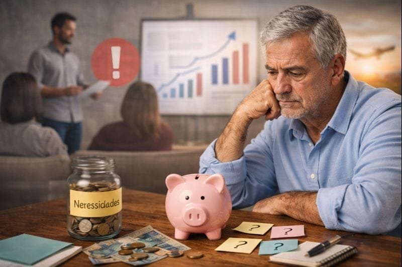 Homem maduro pensativo diante de dinheiro guardado, enquanto oportunidades financeiras passam ao fundo, simbolizando perda de chances por falta de estratégia