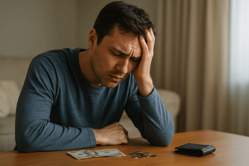 Homem ansioso sentado à mesa segurando a cabeça enquanto olha dinheiro, representando o gasto mais burro motivado por emoções.
