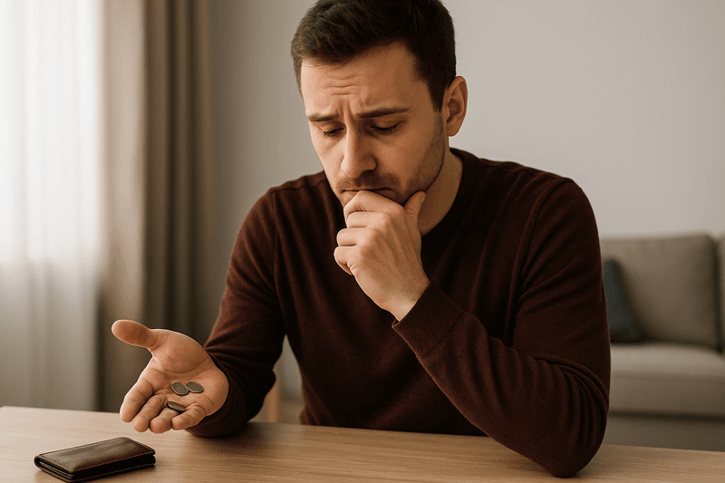 Homem preocupado olhando moedas na mão, simbolizando a tentativa de evitar o gasto mais burro no dia a dia.