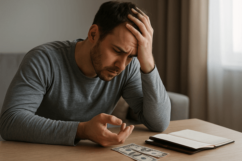 Homem jovem sentado à mesa olhando para notas de dinheiro com expressão preocupada, representando o gasto mais burro motivado por emoções.