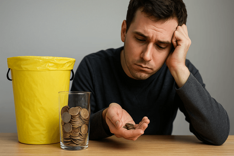 Homem deprimido segurando moedas ao lado de um balde de lixo, simbolizando dinheiro sendo desperdiçado.