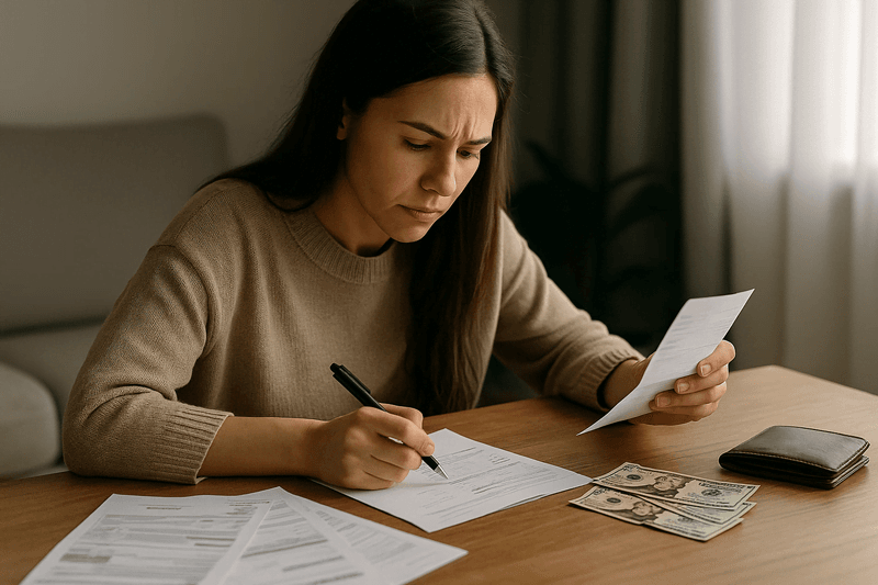 Mulher analisando contas e documentos para identificar o gasto mais burro que prejudica suas finanças.