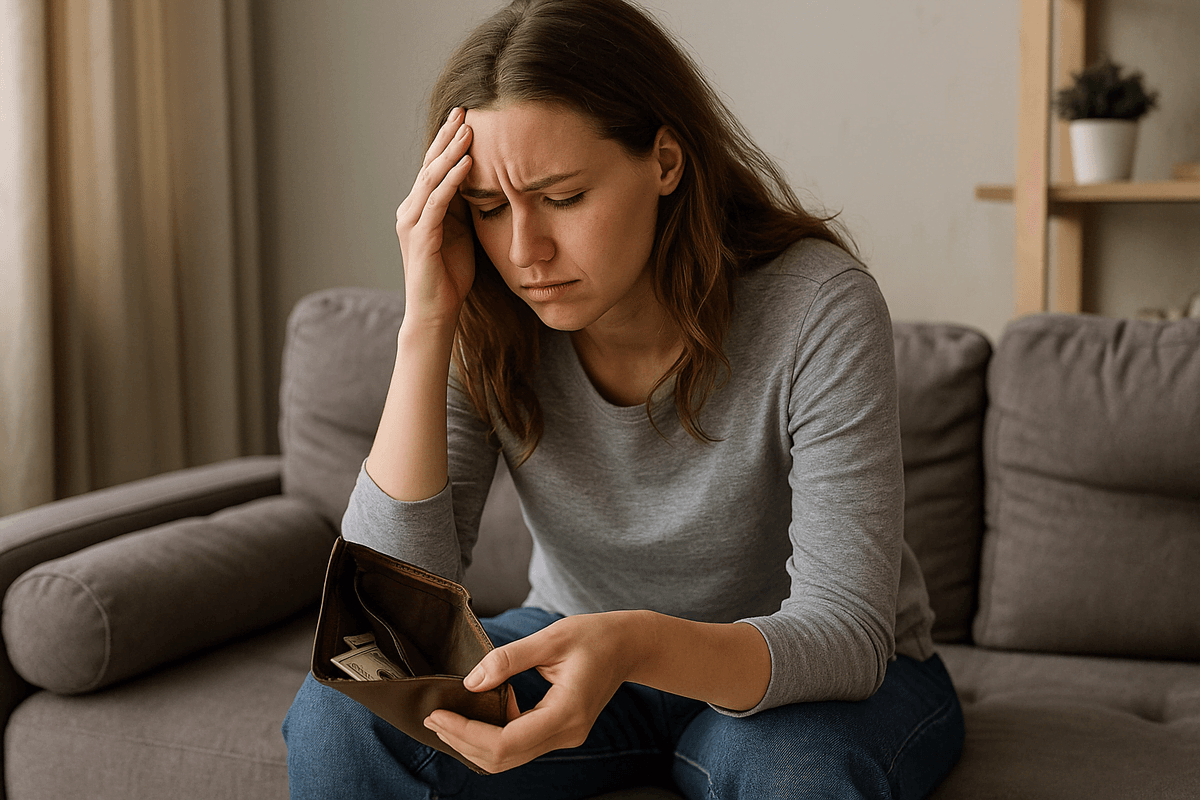 Mulher preocupada olhando sua carteira vazia, refletindo sobre o gasto mais burro que afeta suas finanças.