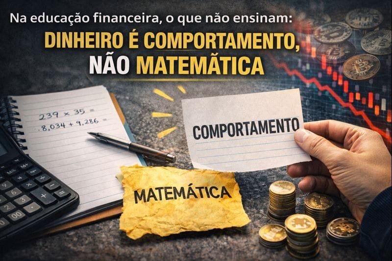 Imagem mostra a diferença entre matemática e comportamento na educação financeira, com dinheiro, cálculos e a palavra comportamento em destaque