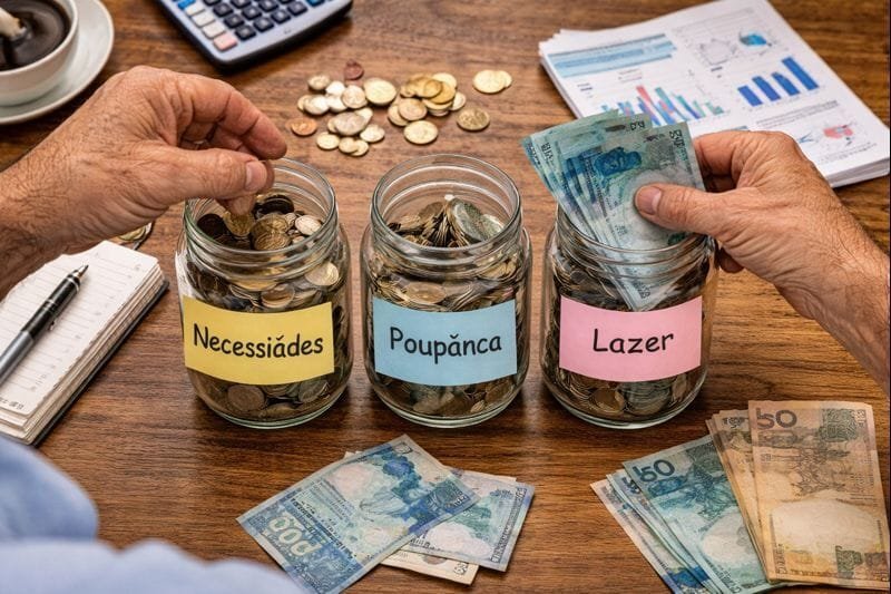 Mãos organizando dinheiro em potes separados para necessidades, poupança e lazer, mostrando como separar o dinheiro por função