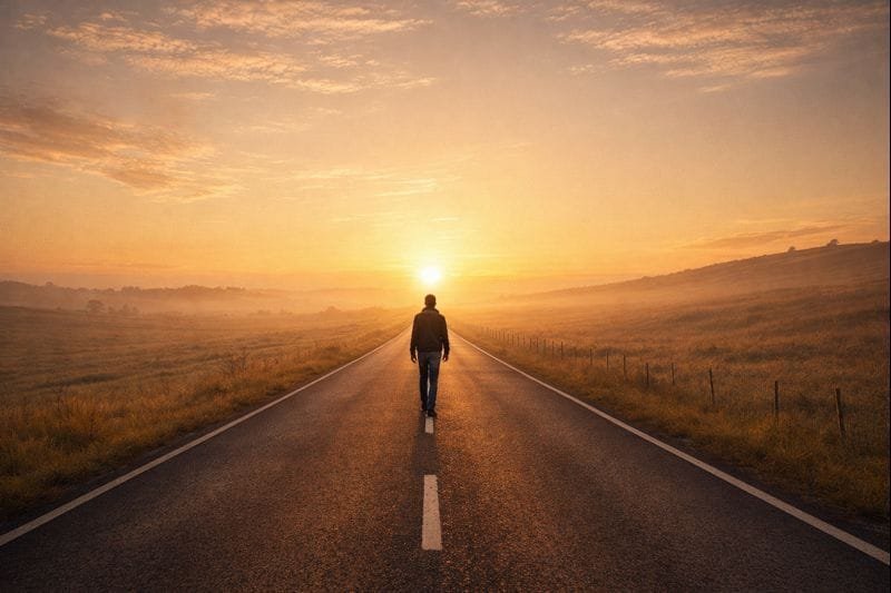 Pessoa caminhando em estrada ao amanhecer simbolizando a jornada da independência financeira sem loteria construída com paciência e constância