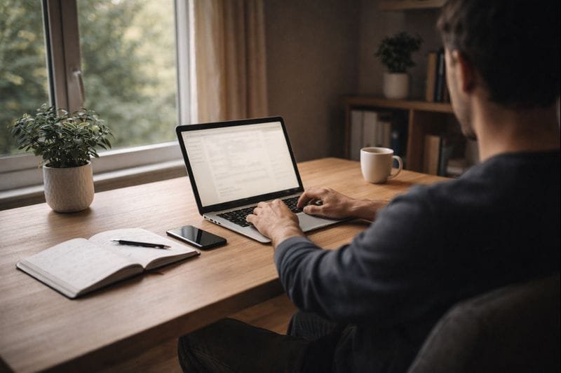 Pessoa trabalhando em casa com notebook representando construção de renda extra e independência financeira sem loteria