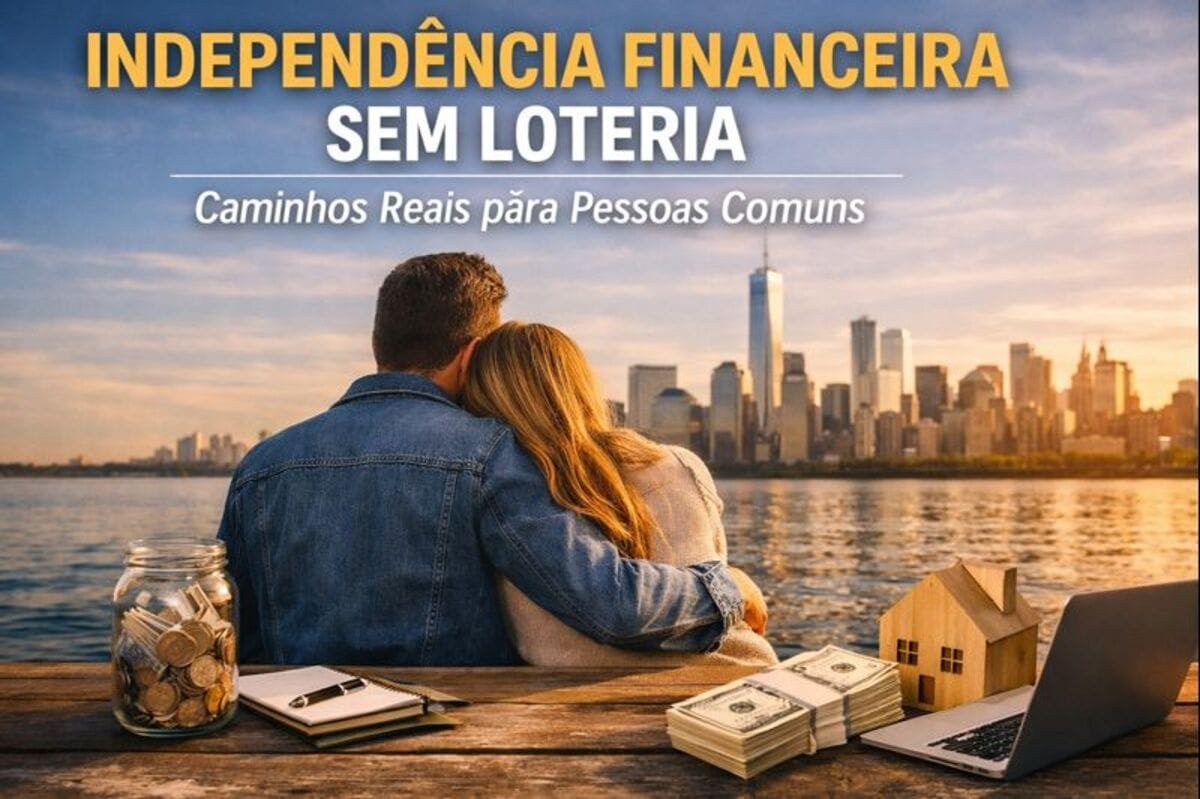 Casal observando a cidade ao pôr do sol representando independência financeira sem loteria e liberdade construída com planejamento