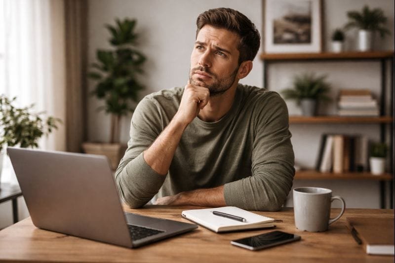 Pessoa refletindo diante do computador representando o maior erro de quem busca independência financeira sem loteria
