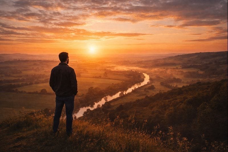 Pessoa observando a paisagem ao pôr do sol simbolizando o tempo como aliado na construção da independência financeira sem loteria